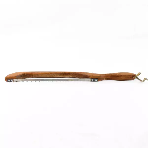 Bespoke Wooden Handle Fiddle Bow Bread Knife 16in Serrated Leather Strap 