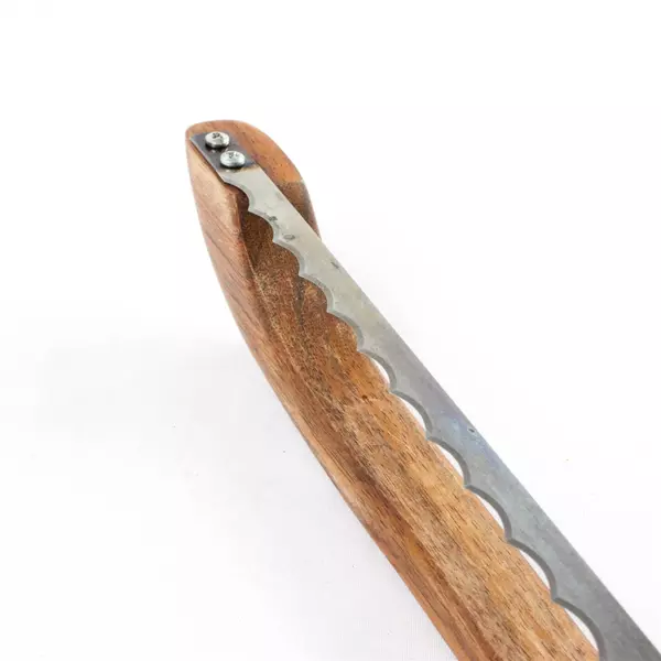 Bespoke Wooden Handle Fiddle Bow Bread Knife 16in Serrated Leather Strap 