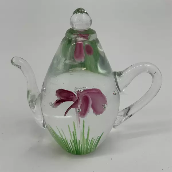 Dynasty Gallery Heirloom Collectibles Art Glass Teapot W/Flower Paperweight