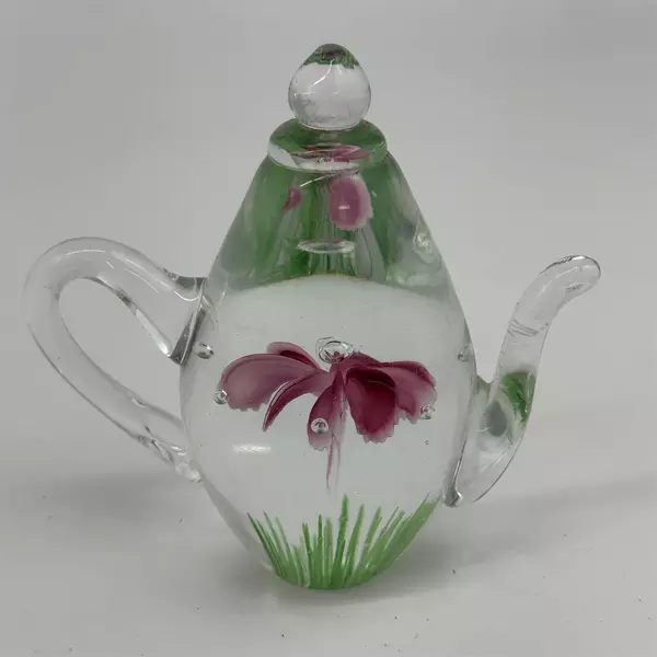 Dynasty Gallery Heirloom Collectibles Art Glass Teapot W/Flower Paperweight