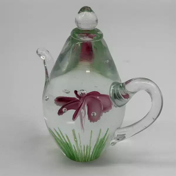 Dynasty Gallery Heirloom Collectibles Art Glass Teapot W/Flower Paperweight