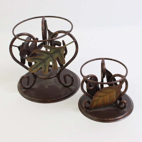 Lot of 2 Metal Circular Leaf Adorned Candle Holders