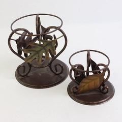 Lot of 2 Metal Circular Leaf Adorned Candle Holders