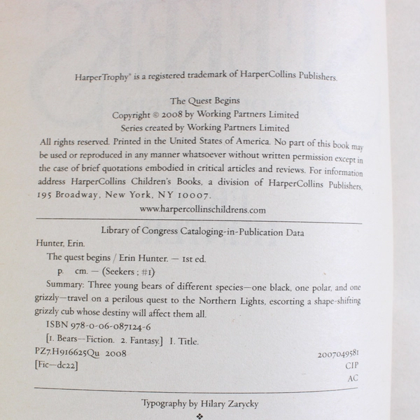 Seekers: The Quest Begins by Erin Hunter, SC 2008