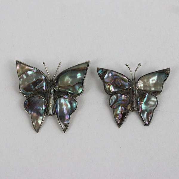 Lot of 2 Vintage Sterling Silver & Abalone Shell Butterfly Brooches, Mexican