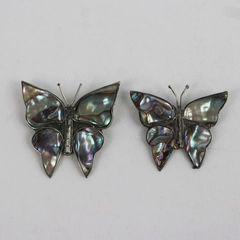 Lot of 2 Vintage Sterling Silver & Abalone Shell Butterfly Brooches, Mexican