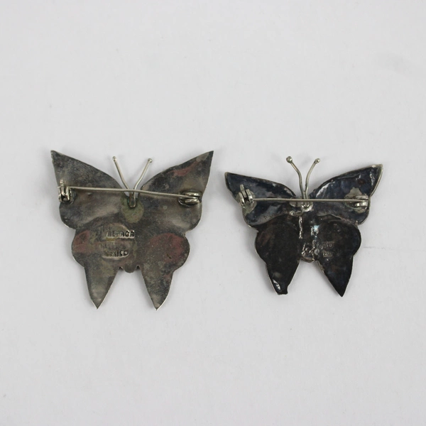 Lot of 2 Vintage Sterling Silver & Abalone Shell Butterfly Brooches, Mexican