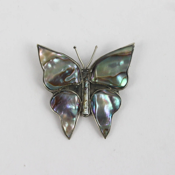 Lot of 2 Vintage Sterling Silver & Abalone Shell Butterfly Brooches, Mexican