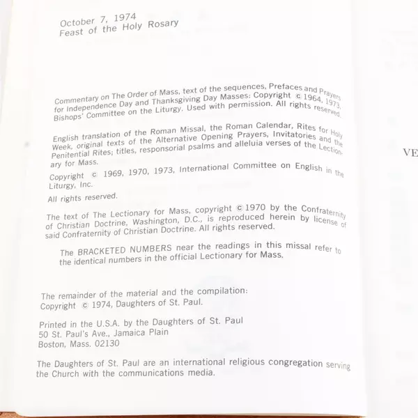 The Vatican II Sunday Missal 1974 Leather Cover Compact Book