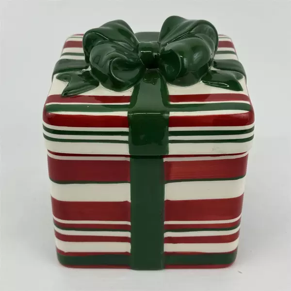 StoneLite Ceramic Christmas Gift Shaped Cookie Jar Red White Green