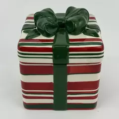 StoneLite Ceramic Christmas Gift Shaped Cookie Jar Red White Green