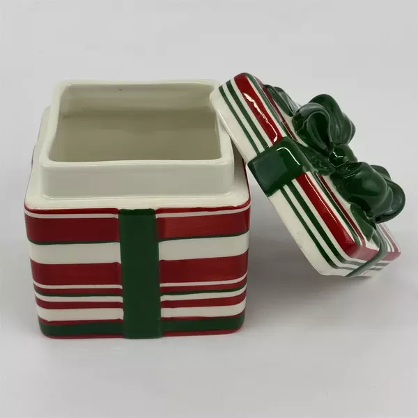 StoneLite Ceramic Christmas Gift Shaped Cookie Jar Red White Green