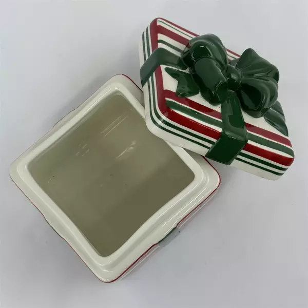 StoneLite Ceramic Christmas Gift Shaped Cookie Jar Red White Green