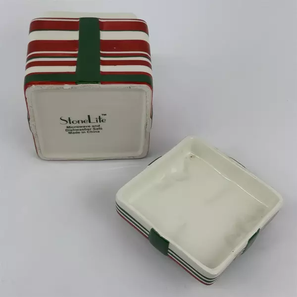 StoneLite Ceramic Christmas Gift Shaped Cookie Jar Red White Green