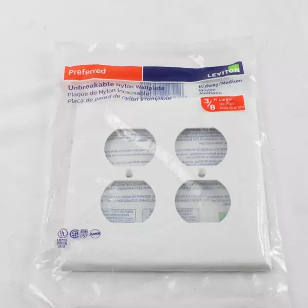 Leviton Preferred 3/8" Larger White Duplex Receptacle 2-Gang Midway Wallplate