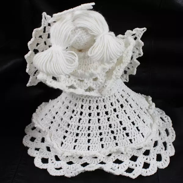 Vintage Crocheted Angel Christmas Tree Topper 6" Pigtails Halo Pre-Owned Good