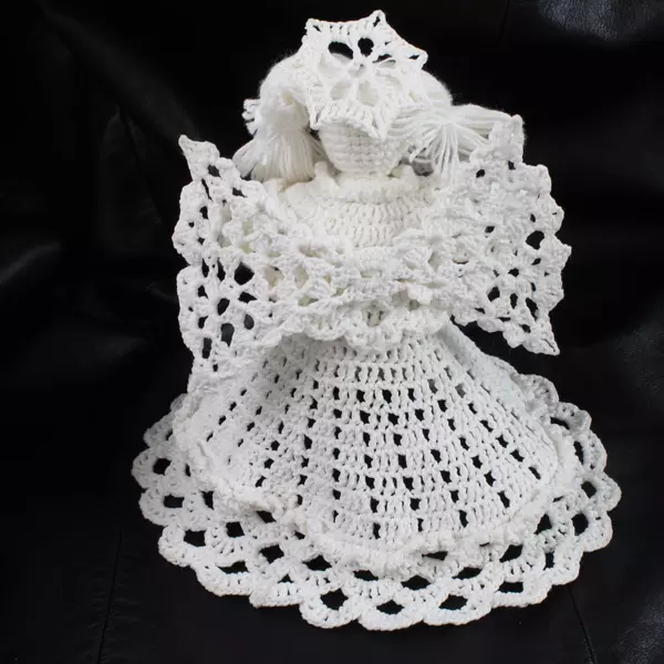 Vintage Crocheted Angel Christmas Tree Topper 6" Pigtails Halo Pre-Owned Good