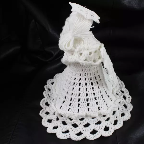 Vintage Crocheted Angel Christmas Tree Topper 6" Pigtails Halo Pre-Owned Good