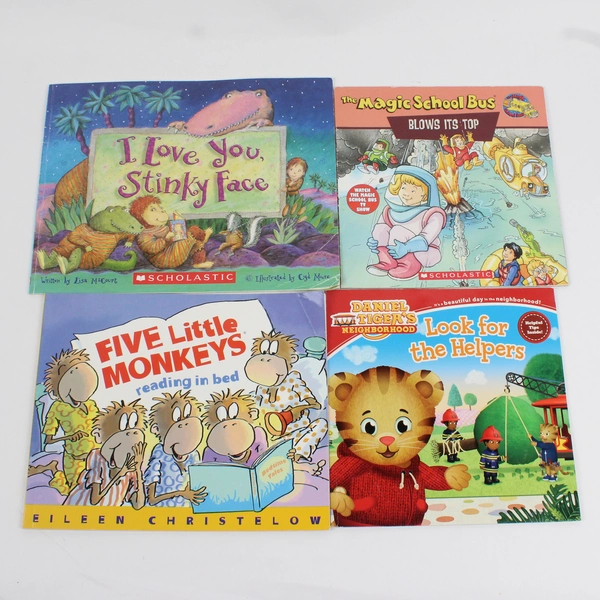 Lot 4 Children's Books Look for Helpers, Five Little Monkeys, I Love You Stinky