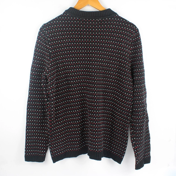 Karen Scott Women's L Black Knit Sweater with Red/White Stitched Hearts