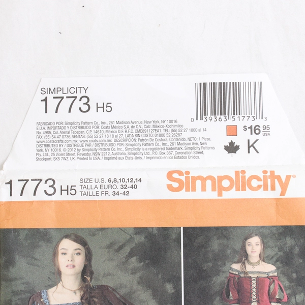 Simplicity Andrea Schewe 1773 Medieval Costumes Womens Size H5 (6,8,10,12,14)