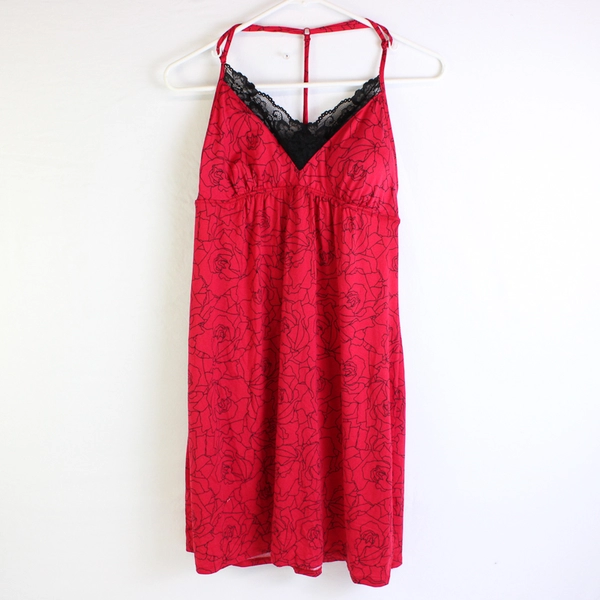 Apt. 9 Intimates Red Rose Pattern Slip Dress Black Lace Trim Women's Medium