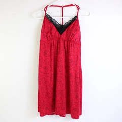 Apt. 9 Intimates Red Rose Pattern Slip Dress Black Lace Trim Women's Medium