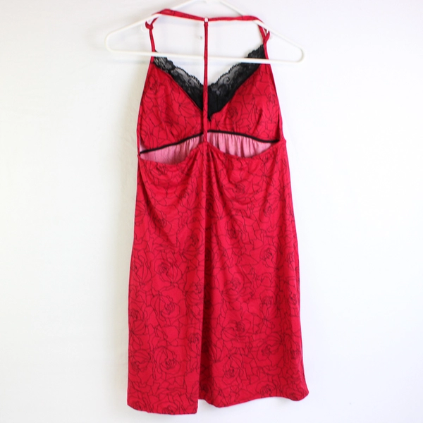 Apt. 9 Intimates Red Rose Pattern Slip Dress Black Lace Trim Women's Medium