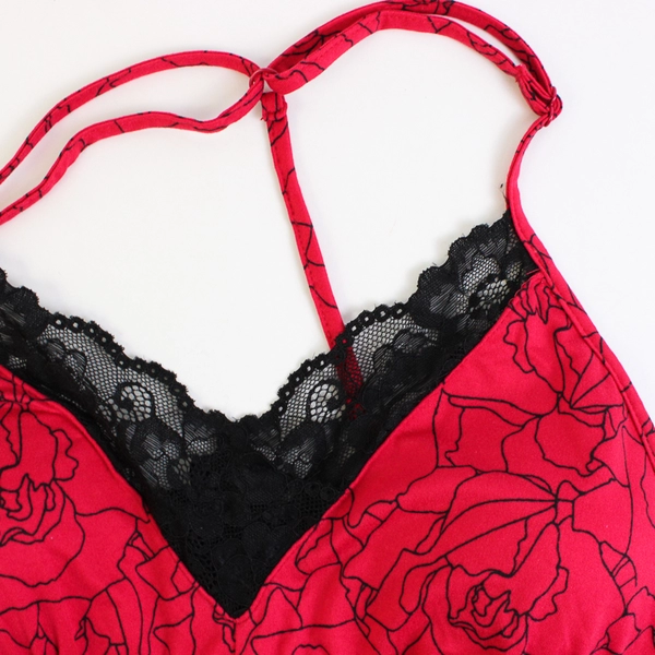 Apt. 9 Intimates Red Rose Pattern Slip Dress Black Lace Trim Women's Medium
