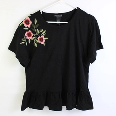 NWT Chelsea & Theodore Floral Embroidered Black Peplum Top Women's Large