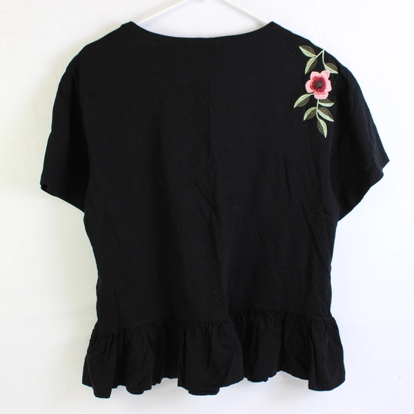 NWT Chelsea & Theodore Floral Embroidered Black Peplum Top Women's Large