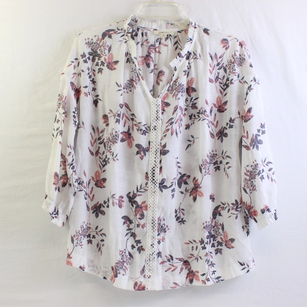 Como Blu Pink Floral Print Sheer White 3/4-Sleeve Blouse Women's Large