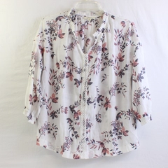 Como Blu Pink Floral Print Sheer White 3/4-Sleeve Blouse Women's Large