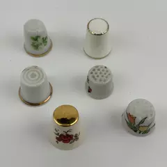 6 VTG Porcelain Ceramic Flowers Thimbles White Hand Painted Gold Trim
