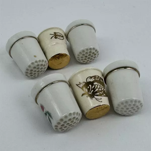 Set of 6 Ceramic Butterfly And Ladybug Thimbles White With Gold Trim