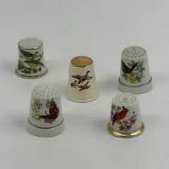 Lot Of 5 Ceramic Bird Thimbles White With Gold Trim