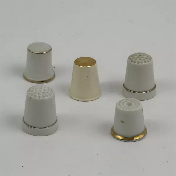 Lot Of 5 Ceramic Bird Thimbles White With Gold Trim