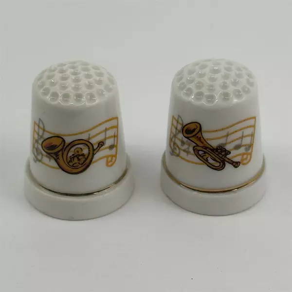2 Vtg Ceramic Musical Instrument Thimbles Trumpet French Horn White Gold Trim
