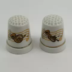 2 Vtg Ceramic Musical Instrument Thimbles Trumpet French Horn White Gold Trim