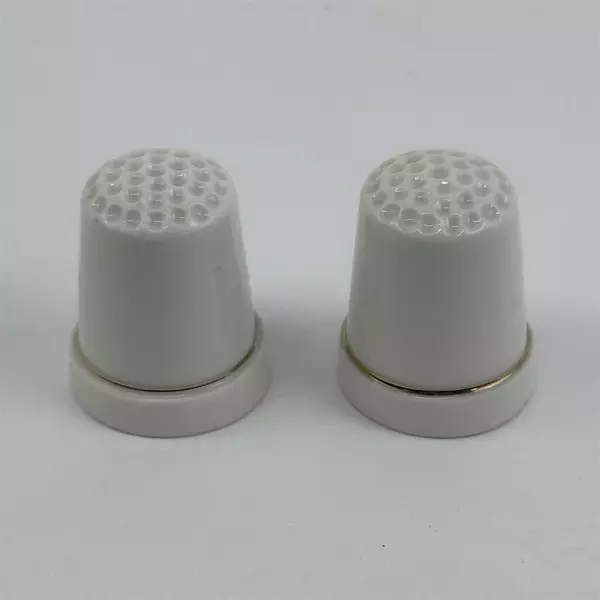 2 Vtg Ceramic Musical Instrument Thimbles Trumpet French Horn White Gold Trim