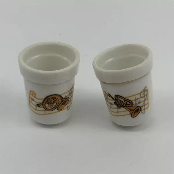 2 Vtg Ceramic Musical Instrument Thimbles Trumpet French Horn White Gold Trim