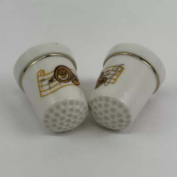 2 Vtg Ceramic Musical Instrument Thimbles Trumpet French Horn White Gold Trim