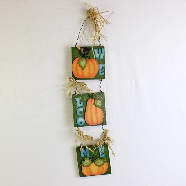 Fall Décor "Welcome" Wall Hanging Sign Wooden Pumpkins 18" x 5" 