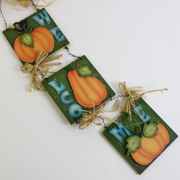 Fall Décor "Welcome" Wall Hanging Sign Wooden Pumpkins 18" x 5" 