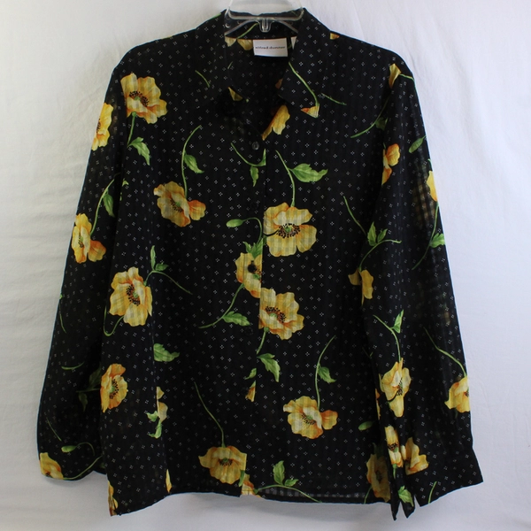 Alfred Dunner Yellow Floral Pattern Sheer Black Button-Up Women's Size 16
