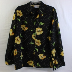 Alfred Dunner Yellow Floral Pattern Sheer Black Button-Up Women's Size 16