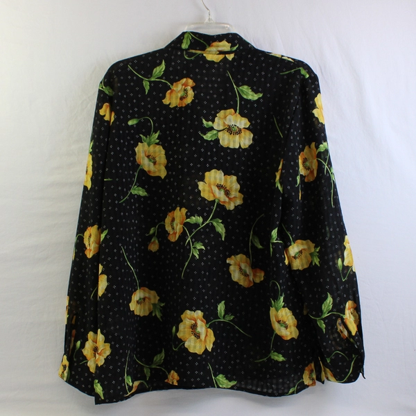 Alfred Dunner Yellow Floral Pattern Sheer Black Button-Up Women's Size 16
