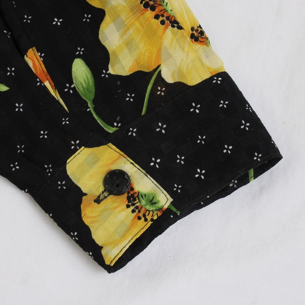 Alfred Dunner Yellow Floral Pattern Sheer Black Button-Up Women's Size 16