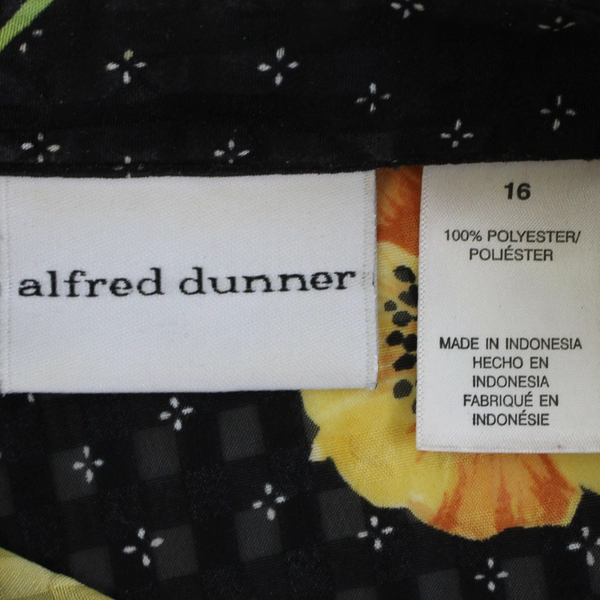 Alfred Dunner Yellow Floral Pattern Sheer Black Button-Up Women's Size 16