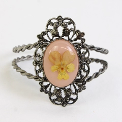 Vintage Pink Cabochon Pressed Flower Silver Filigree Cuff Artsy Bracelet